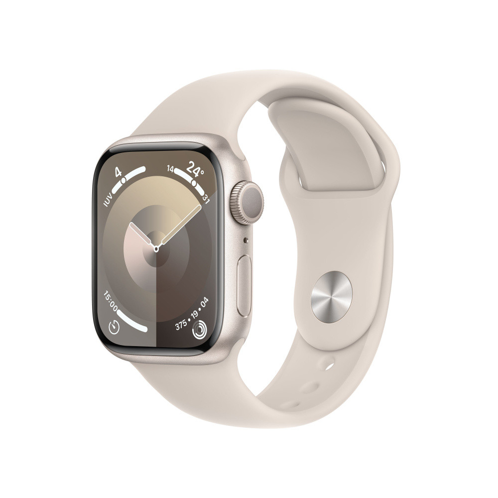 Apple Watch Series 9 (GPS) - Caja de aluminio en blanco estrella de 45 mm - Correa deportiva blanco estrella - Talla M/L