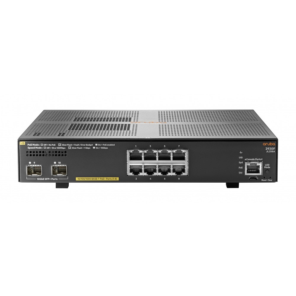 Switch Aruba Gigabit Ethernet 2930F 8G PoE+ 2SFP+, 8 Puertos PoE+ 10/100/1000Mbps + 2 Puertos SFP+, 56 Gbit/s, 32.768 Entradas -